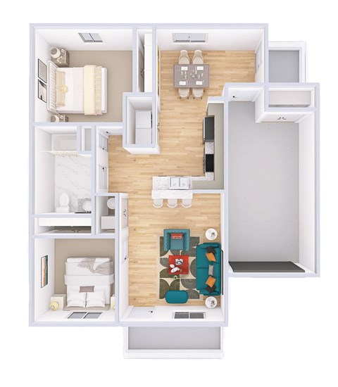 Floor plan for 2 beds, 1 bath, 859 sqft